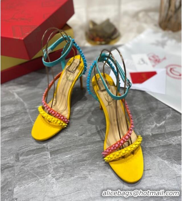 Popular Style Christian Louboutin Silver Studde Sandals 10cm 042814 Yellow/Pink/Blue 2021