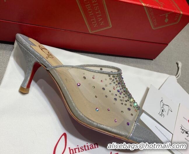 Best Grade Christian Louboutin Studded Mesh Mules 5.5cm 070601 Silver 2021