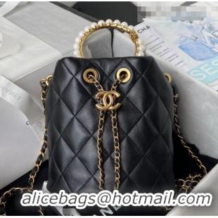 Grade Quality Chanel Lambskin Bucket Bag with Pearl Handle AS2608 Black 2021