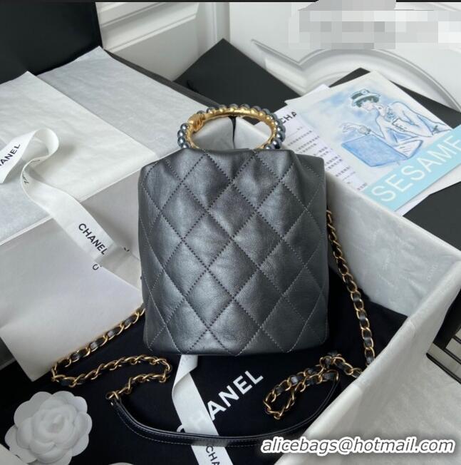 Classic Chanel Lambskin Bucket Bag with Pearl Handle AS2608 Gray 2021