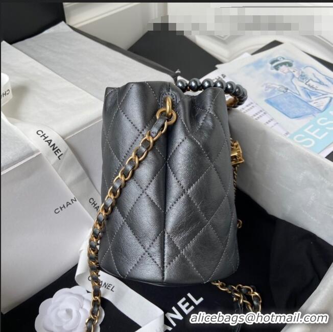 Classic Chanel Lambskin Bucket Bag with Pearl Handle AS2608 Gray 2021