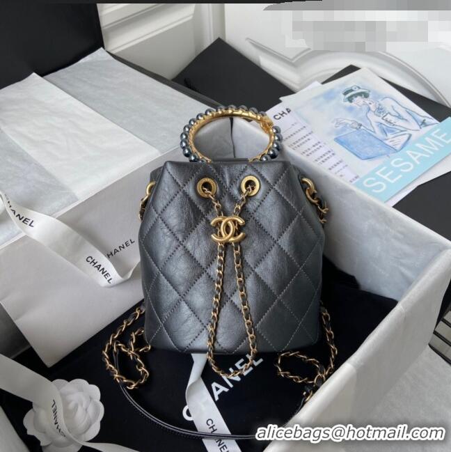 Classic Chanel Lambskin Bucket Bag with Pearl Handle AS2608 Gray 2021