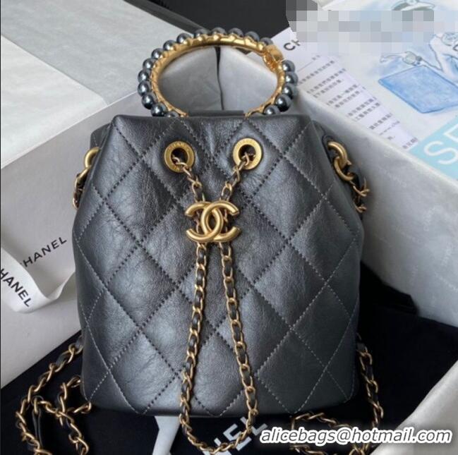 Classic Chanel Lambskin Bucket Bag with Pearl Handle AS2608 Gray 2021