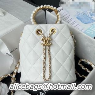 Buy Discount Chanel Lambskin Bucket Bag with Pearl Handle AS2608 White 2021