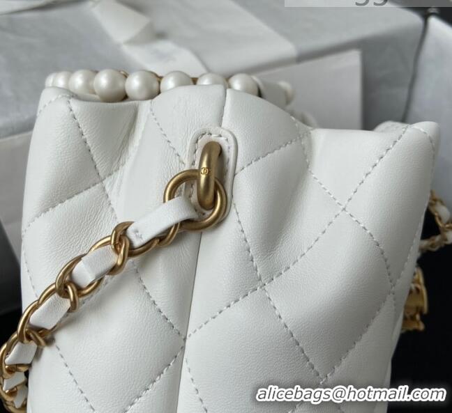 Buy Discount Chanel Lambskin Bucket Bag with Pearl Handle AS2608 White 2021