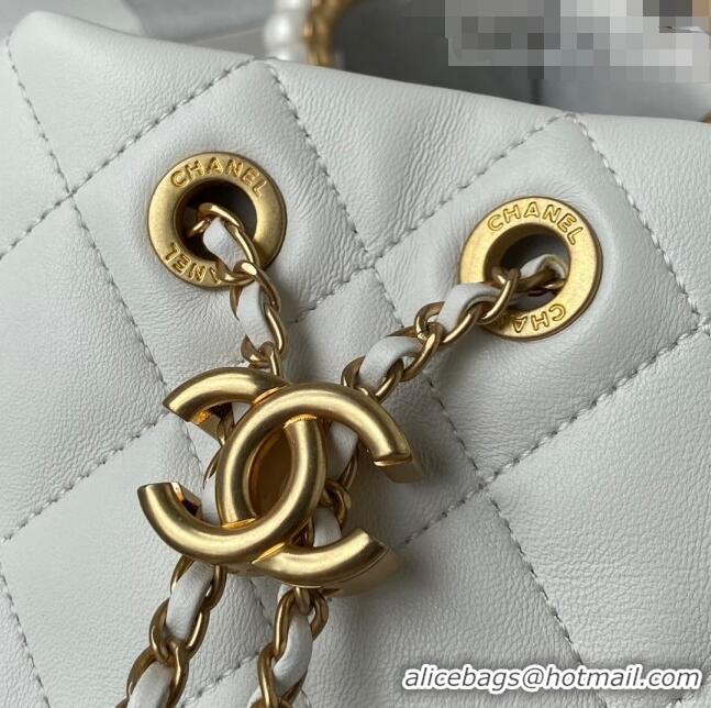 Buy Discount Chanel Lambskin Bucket Bag with Pearl Handle AS2608 White 2021