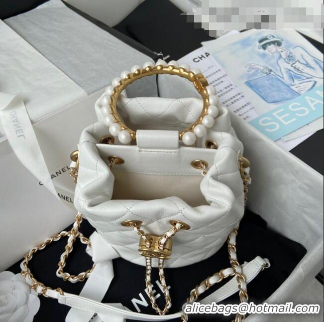 Buy Discount Chanel Lambskin Bucket Bag with Pearl Handle AS2608 White 2021