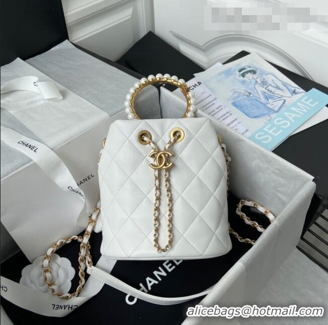 Buy Discount Chanel Lambskin Bucket Bag with Pearl Handle AS2608 White 2021