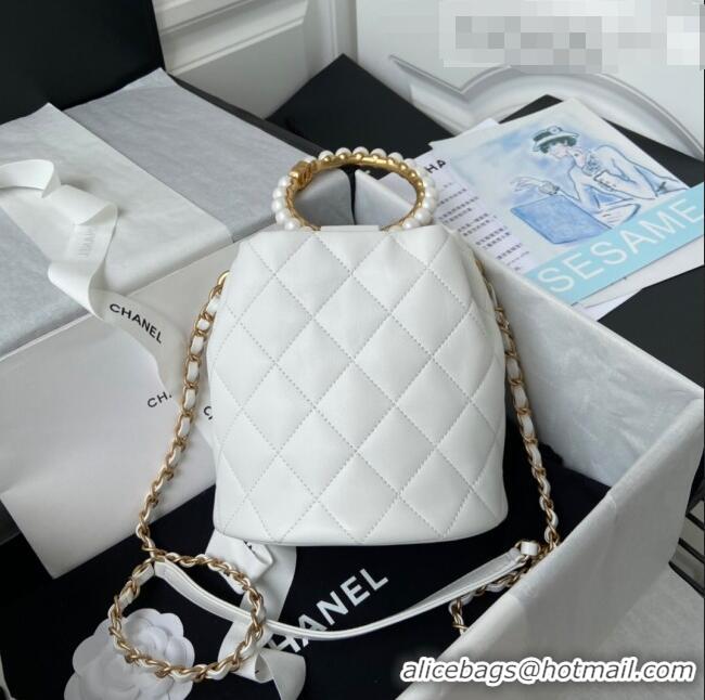 Buy Discount Chanel Lambskin Bucket Bag with Pearl Handle AS2608 White 2021