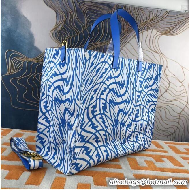 Low Price FENDI SHOPPER Blue glazed canvas bag 8BH357AFL