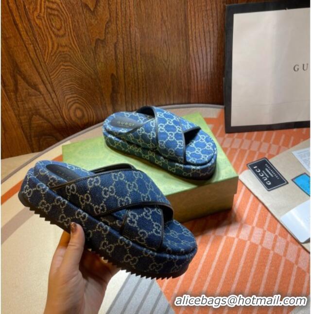 Good Quality Gucci GG Denim Platform Sandal 663666 Blue 2021