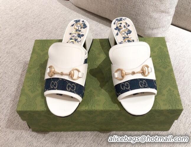 Super Quality Gucci Leather and GG Canvas Slide Sandal with Horsebit 0428114 Blue/White