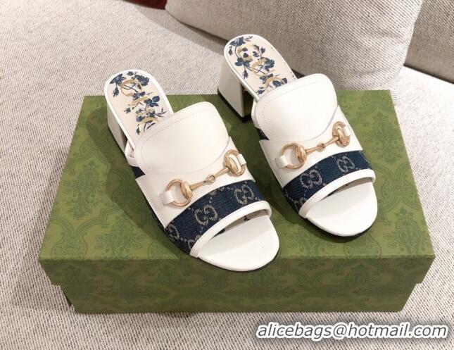 Super Quality Gucci Leather and GG Canvas Slide Sandal with Horsebit 0428114 Blue/White