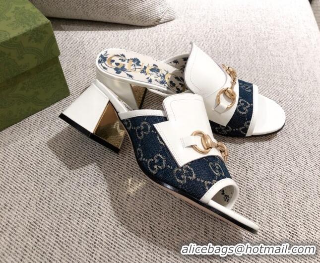 Super Quality Gucci Leather and GG Canvas Slide Sandal with Horsebit 0428114 Blue/White