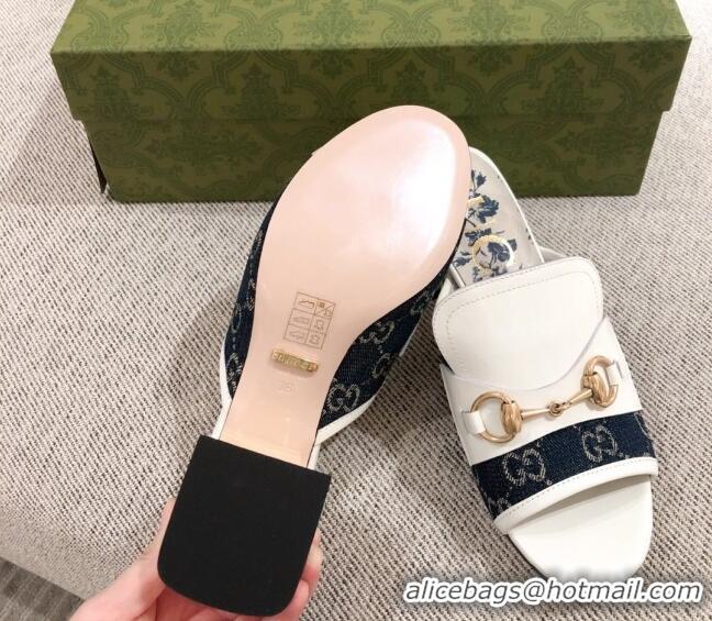 Super Quality Gucci Leather and GG Canvas Slide Sandal with Horsebit 0428114 Blue/White