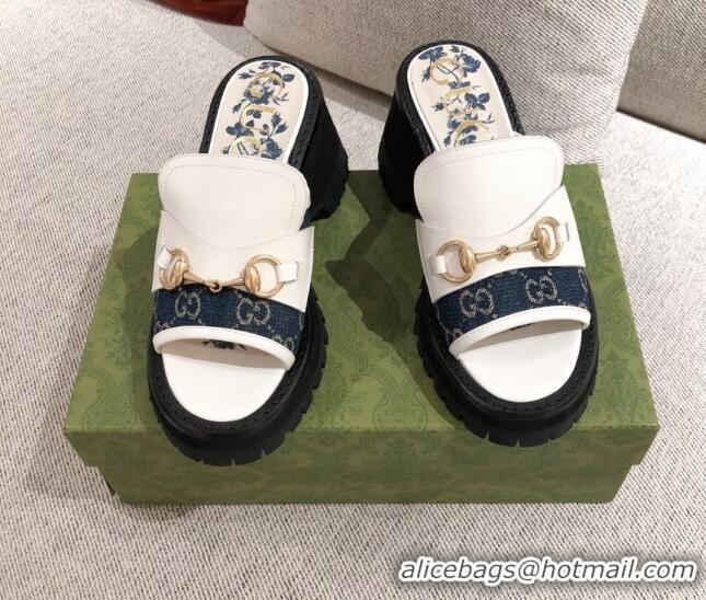 Top Quality Gucci Leather and GG Canvas Mid-heel Slide Sandal with Horsebit 042939 White/Blue