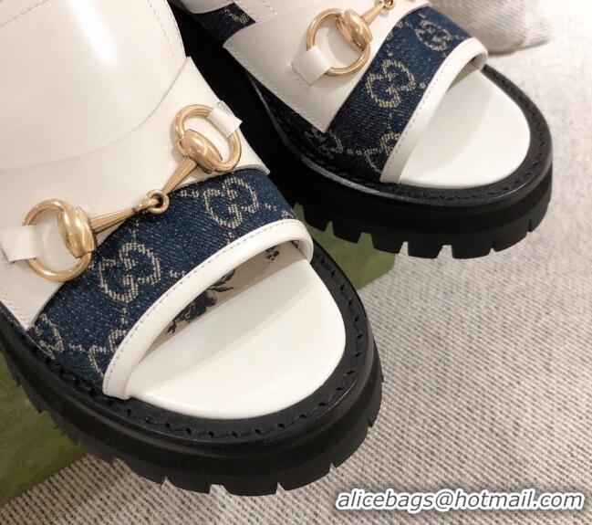 Top Quality Gucci Leather and GG Canvas Mid-heel Slide Sandal with Horsebit 042939 White/Blue