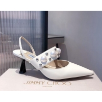 Charming Jimmy Choo Breslin Lambskin Pearl Heel Mules 6.5cm 051055 White 2021