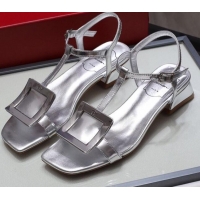 Low Price Roger Vivier Calfskin Square Buckle Sandals 042763 All Silver 2021