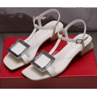 Cute Roger Vivier Calfskin Square Buckle Sandals 042763 White/Silver 2021