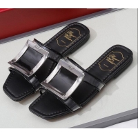 New Style Roger Vivier Calfskin Square Buckle Flat Slide Sandals 042771 Black 2021