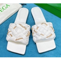 Best Price Bottega Veneta Leather Chain Woven Flat Slide Sandals 0430103 White 2021