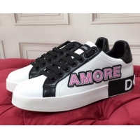 Super Quality Dolce & Gabbana PORTOFINO Sneakers In Calfskin With Patch Amore/White 061632