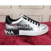 New Design Dolce Gabbana Calfskin Nappa Portofino Sneakers with Lettering Print Silver 120166