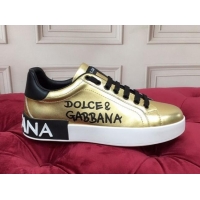 Low Price Dolce Gabbana Calfskin Nappa Portofino Sneakers with Lettering Print Gold 120167