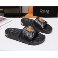 Discount Dolce&Gabbana DG Calfskin Flat Slide Sandals with Heart Charm 012308 Black 2021