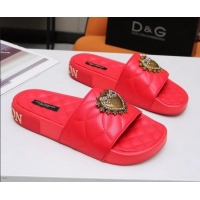 Custom Dolce&Gabbana DG Calfskin Flat Slide Sandals with Heart Charm 012308 Red 2021 