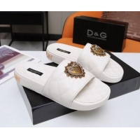 Low Price Dolce&Gabbana DG Calfskin Flat Slide Sandals with Heart Charm 012308 White 2021 