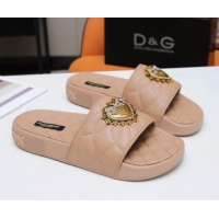 New Style Dolce&Gabbana DG Calfskin Flat Slide Sandals with Heart Charm 012308 Nude 2021 