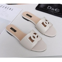 Good Quality Dolce&Gabbana Cutout DG Calfskin Flat Slide Sandals 012506 White 2021