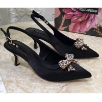 Fashion Dolce&Gabbana DG Silk Crystal Bow Slingback Pumps 6.5cm 060848 Black 2021