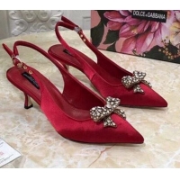 Good Quality Dolce&Gabbana DG Silk Crystal Bow Slingback Pumps 6.5cm 060848 Red 2021