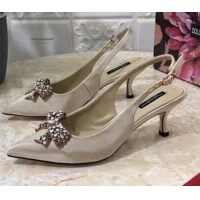 New Style Dolce&Gabbana DG Silk Crystal Bow Slingback Pumps 6.5cm 060848 Apricot 2021