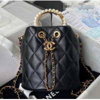 Grade Quality Chanel Lambskin Bucket Bag with Pearl Handle AS2608 Black 2021