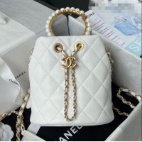 Buy Discount Chanel Lambskin Bucket Bag with Pearl Handle AS2608 White 2021