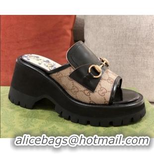 Good Quality Gucci Leather and GG Canvas Mid-heel Slide Sandal with Horsebit Black/Beige 042940