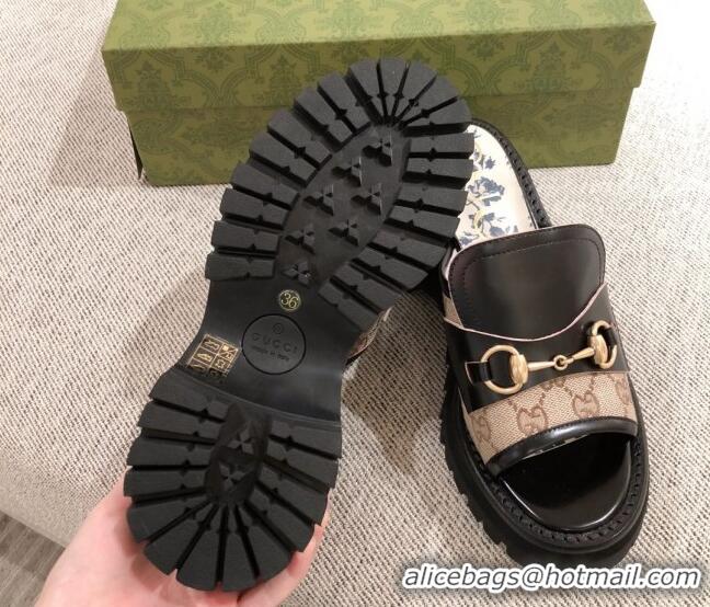 Good Quality Gucci Leather and GG Canvas Mid-heel Slide Sandal with Horsebit Black/Beige 042940