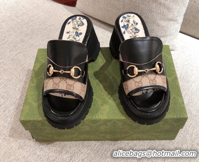 Good Quality Gucci Leather and GG Canvas Mid-heel Slide Sandal with Horsebit Black/Beige 042940