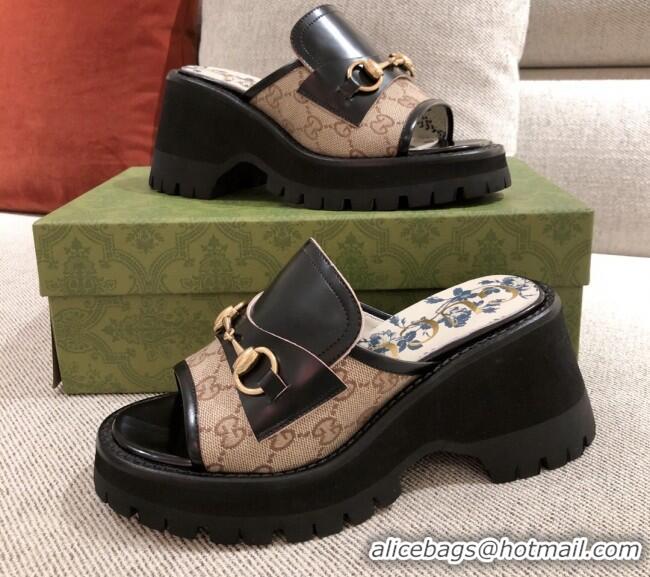 Good Quality Gucci Leather and GG Canvas Mid-heel Slide Sandal with Horsebit Black/Beige 042940