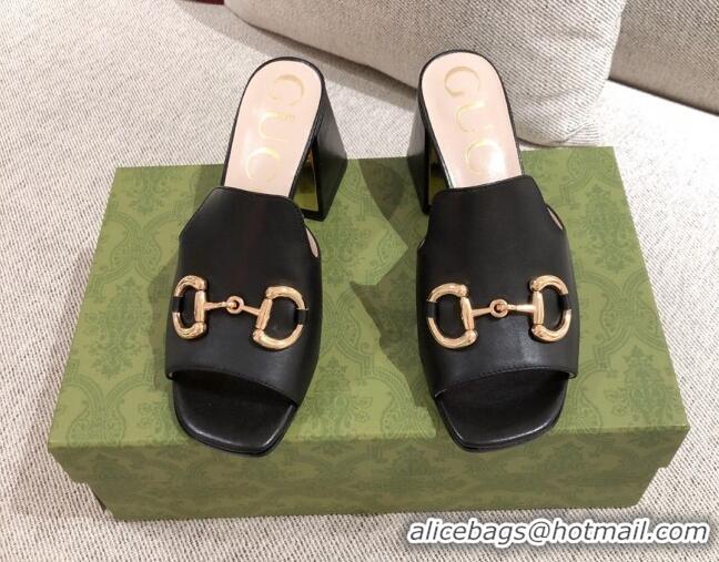 Discount Gucci Leather Slide Sandal with Horsebit 042941 Black