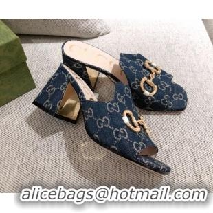 Pretty Style Gucci GG Denim Slide Sandal with Horsebit 042943 Blue 2021