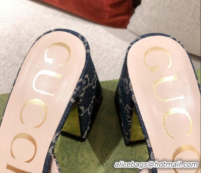 Pretty Style Gucci GG Denim Slide Sandal with Horsebit 042943 Blue 2021