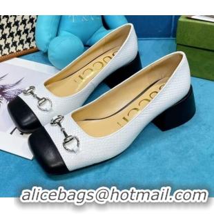 Good Looking Gucci Matte Stone-Embossed Calfskin Pumps 2.5cm with Horsebit 043001 White 2021