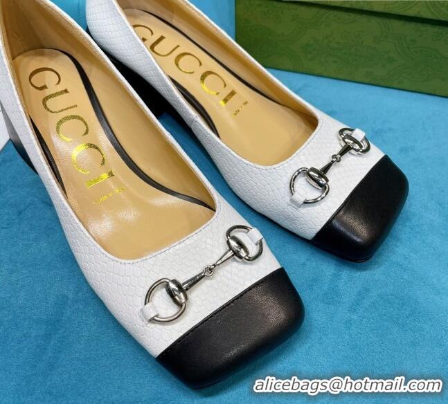 Good Looking Gucci Matte Stone-Embossed Calfskin Pumps 2.5cm with Horsebit 043001 White 2021