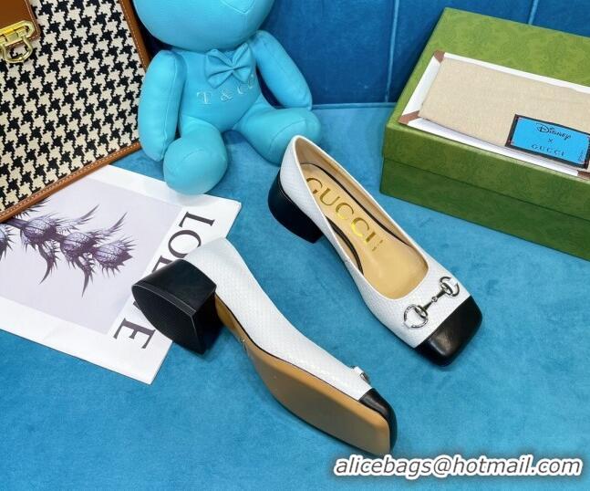 Good Looking Gucci Matte Stone-Embossed Calfskin Pumps 2.5cm with Horsebit 043001 White 2021