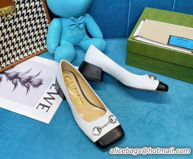 Good Looking Gucci Matte Stone-Embossed Calfskin Pumps 2.5cm with Horsebit 043001 White 2021